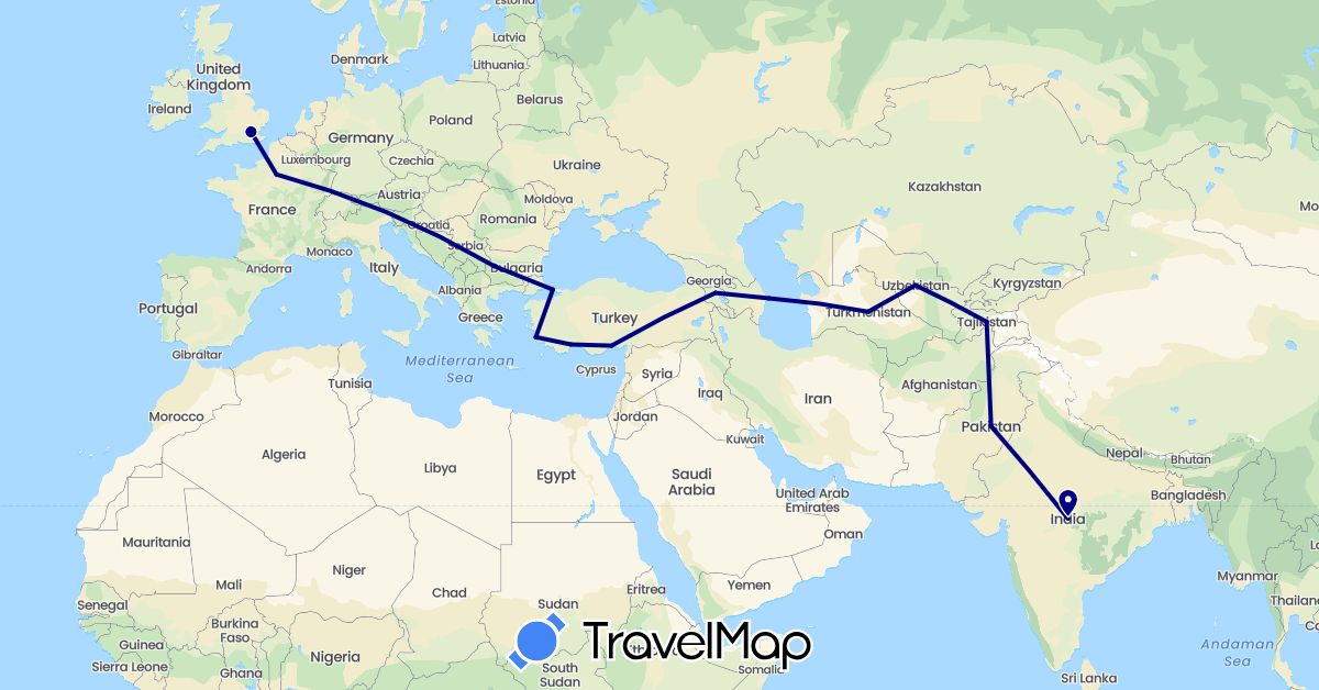 TravelMap itinerary: driving in Armenia, Azerbaijan, Bulgaria, France, United Kingdom, India, Pakistan, Tajikistan, Turkmenistan, Turkey, Uzbekistan (Asia, Europe)