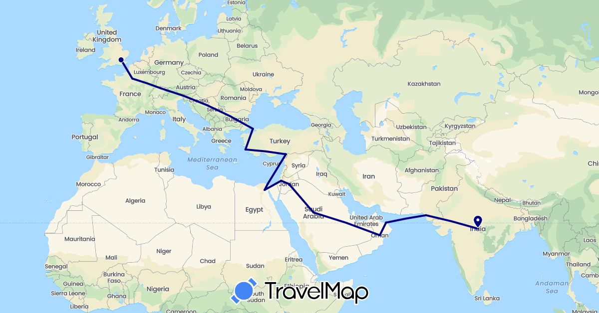 TravelMap itinerary: driving in Switzerland, Egypt, France, United Kingdom, Israel, India, Jordan, Oman, Pakistan, Saudi Arabia, Turkey (Africa, Asia, Europe)